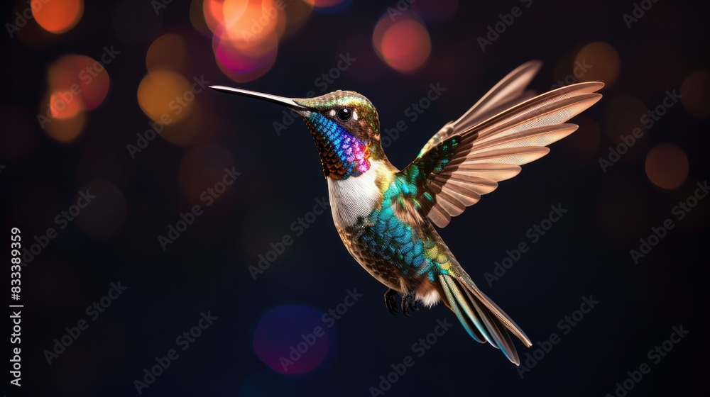 Obraz premium A graceful hummingbird hovering in mid-air, its iridescent feathers shimmering in the sunlight.