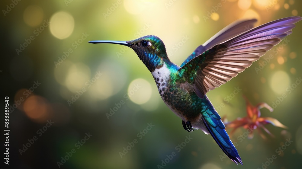 Fototapeta premium A graceful hummingbird hovering in mid-air, its iridescent feathers shimmering in the sunlight.