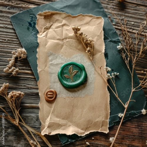 emerald wax seal with dried flowers on craft paper, mockup. stamps  