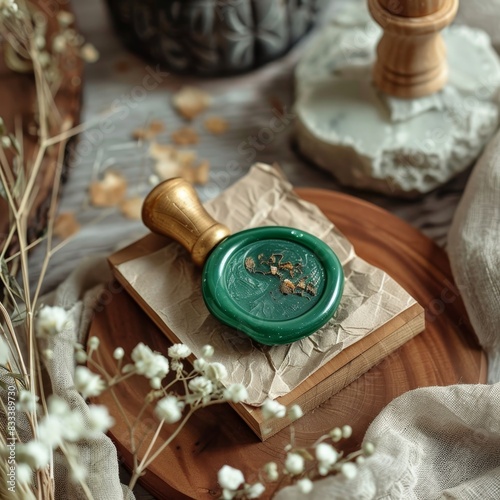 emerald wax seal with dried flowers on craft paper, mockup. Wax seal stamps