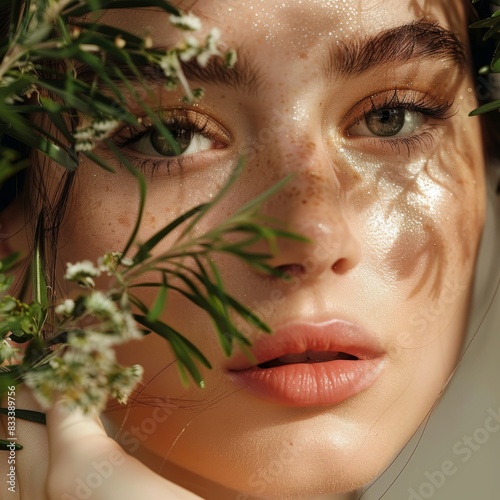 Woman, skincare, beauty, natural dermatology, cosmetics with green plants. Glow on attractive model's face in studio for healthy makeup or sustainable cosmetics 