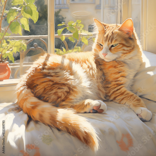 Orange Tabby Cat Relaxing on a Sunlit Window Sill