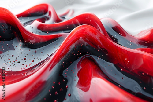 Vivid red metallic abstract fluid forms with bold black cyber geometric patterns isolated on solid white background. photo