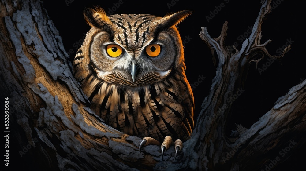 A wise old owl perched on a gnarled tree trunk, its piercing eyes reflecting the secrets of the night. A wise old owl perched on a gnarled tree trunk, its piercing eyes reflecting the secrets of the night.
