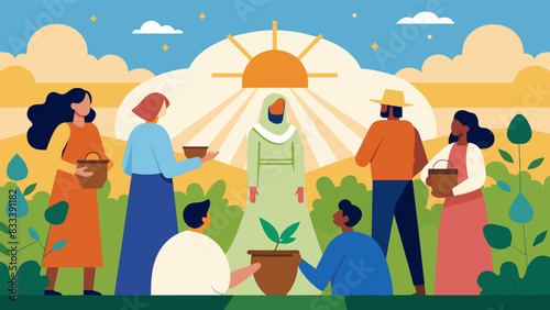 The sun shining down on a group of individuals as they receive a spiritual blessing for the community garden from a holy figure.. Vector illustration