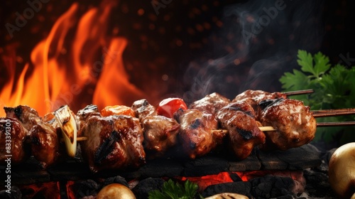 Barbecue skewers meat kebabs with vegetables on flaming grill. Creative Banner. Copyspace.  photo