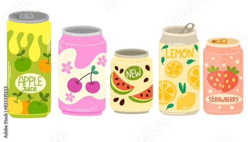 Drinks in aluminum cans. Soda, lemonades, fruit flavored beverages, carbonated sparkling water, cold summer refreshments. Flat vector illustration isolated on white background