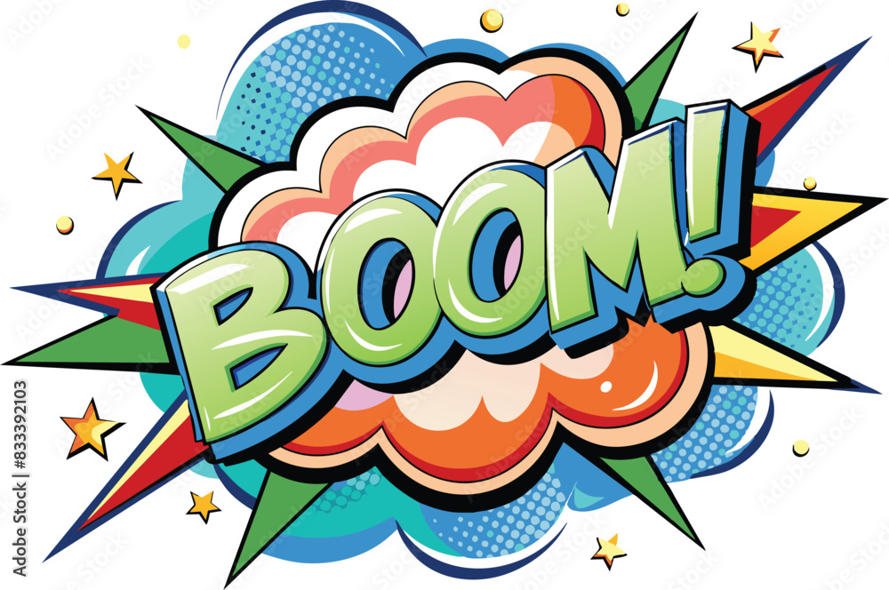 Word BOOM! inside explosive cloud in comic style, flat illustration, vector illustration. Word BOOM! inside explosive cloud in comic style, flat illustration, vector illustration.