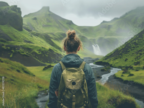Kobieta - turystka z plecakiem podziwiajaca cudowny krajobraz w skandynawskich górach - zielone szczyty i wodospady. photo