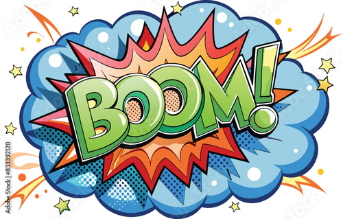 Word BOOM! inside explosive cloud in comic style, flat illustration, vector illustration.