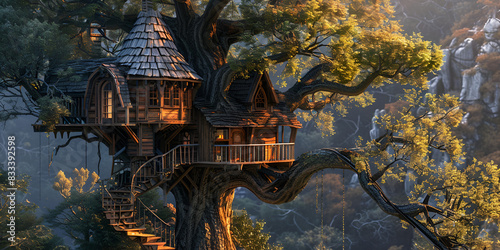 A majestic treehouse perched atop a towering oak tree surrounded by lush foliage and a vibrant sky