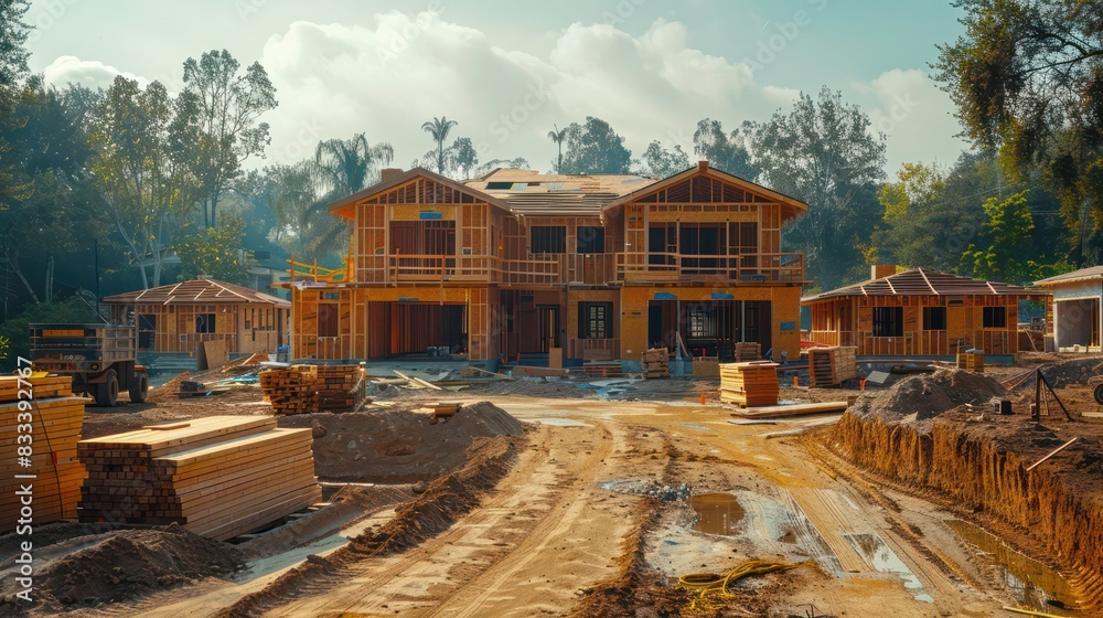 Obraz premium New home construction site with builders.