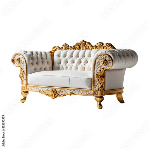 Luxury white and golden single sofa isolated on a transperent background. leather armchairsofa png photo