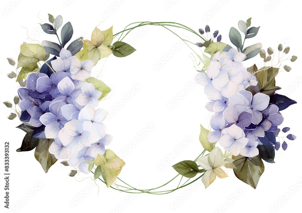 watercolor white and blue hydrangea flower frame with silver accents ...