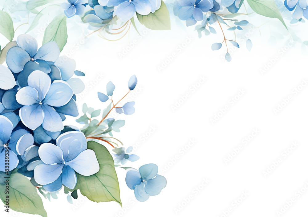 watercolor white and blue hydrangea flower frame with silver accents ...