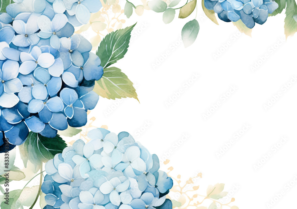 watercolor white and blue hydrangea flower frame with silver accents ...