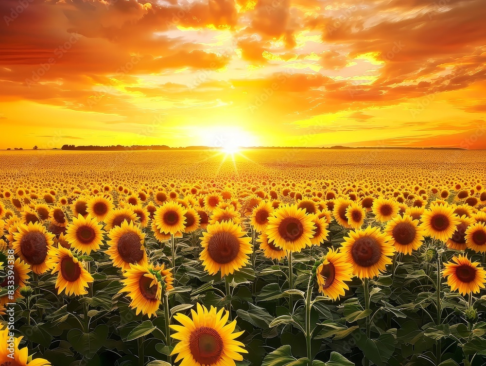 Endless rows of sunflowers facing the sun, symbolizing warmth, happiness, and vitality. 