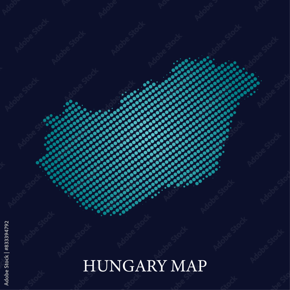 Obraz premium Modern halftone dot effect on dark background with map of Hungary
