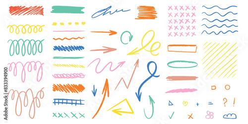 Set of pencil drawn curly lines, curls and shapes. Hand drawn vector pencil lines and logos. A bright drawing with charcoal or chalk. Vector pencil texture