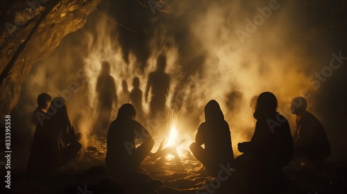 6. An atmospheric shot of a traditional Mexican ghost story being told around a flickering campfire  with shadows dancing on the faces of the listeners