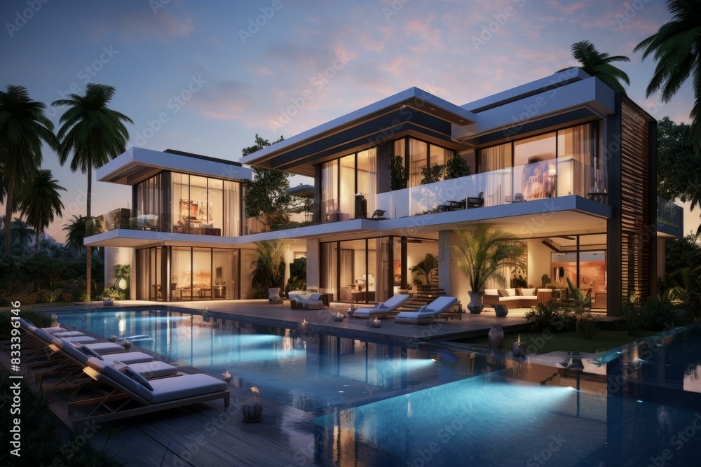 Contemporary luxury home exterior with swimming pool and lounge chairs at dusk