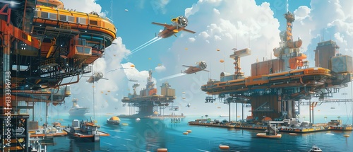 Futuristic offshore oil rigs and flying vehicles in a vibrant blue sky and ocean setting, showcasing advanced technology and industrial innovation.
