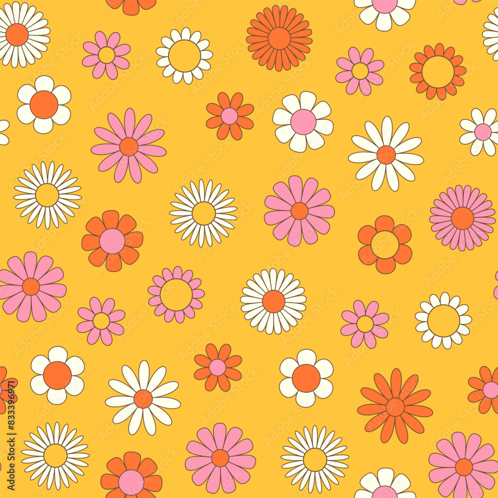 Colorfull seamless pattern with groovy daisy on the yellow background