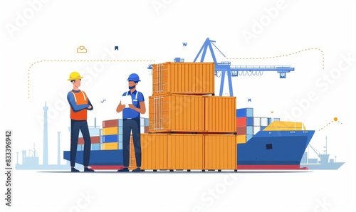 Head manager engineer teach and introduce or planning Business Logistics concept, Foreman control loading Containers box of cargo freight ship for Logistic planning and explain work with young worker