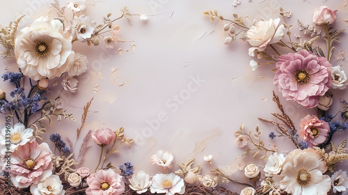 Floral Frame with Dried Flowers on Pink Background