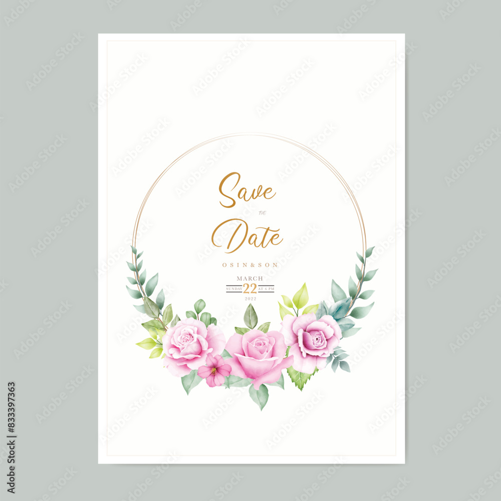 wedding invitation card with floral rose watercolor 