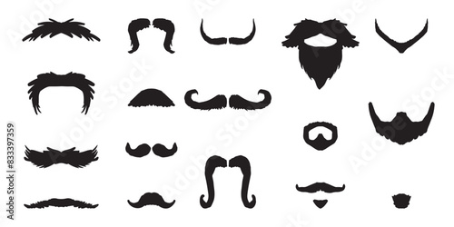 Mustache and beard set on white background. Vintage beard and mustache silhouette. Barber shop cartoon black beard label. Hipster style barber shop beard icon.