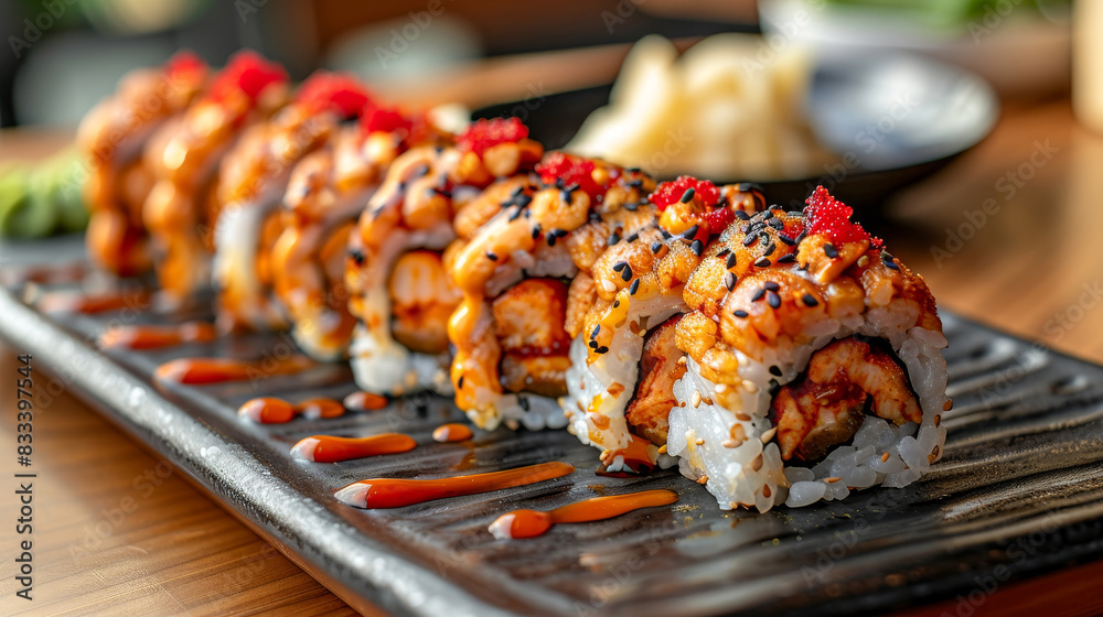Close-up of a sushi roll topped with spicy sauce and sesame seeds, presented on a black plate with garnishes in the background