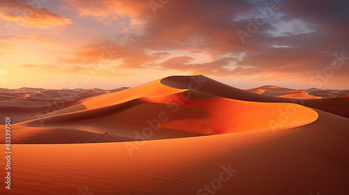 Photograph of a breathtaking sunrise over a vast desert landscape  with the sand dunes glowing in the warm light.