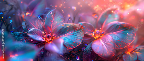 A surreal, neon-lit landscape of iridescent flowers with glowing tendrils and droplets.