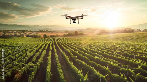 A drone flying over a lush green agricultural field at sunset, demonstrating modern technology in farming. photo