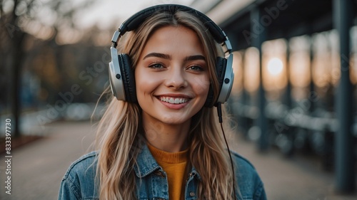 Women listening to music Beautiful Happy Girl Smiling in Headphones