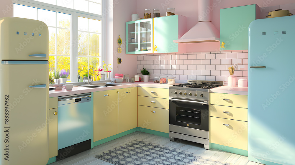 A retro-style kitchen with pastel-colored appliances and cabinets. A retro-style kitchen with pastel-colored appliances and cabinets.