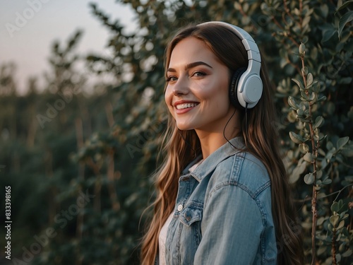 Women listening to music Beautiful Happy Girl Smiling in Headphones