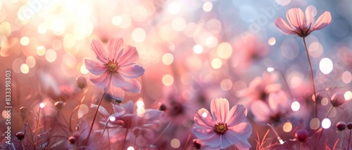 Soft pink flowers bloom in a field of light. photo