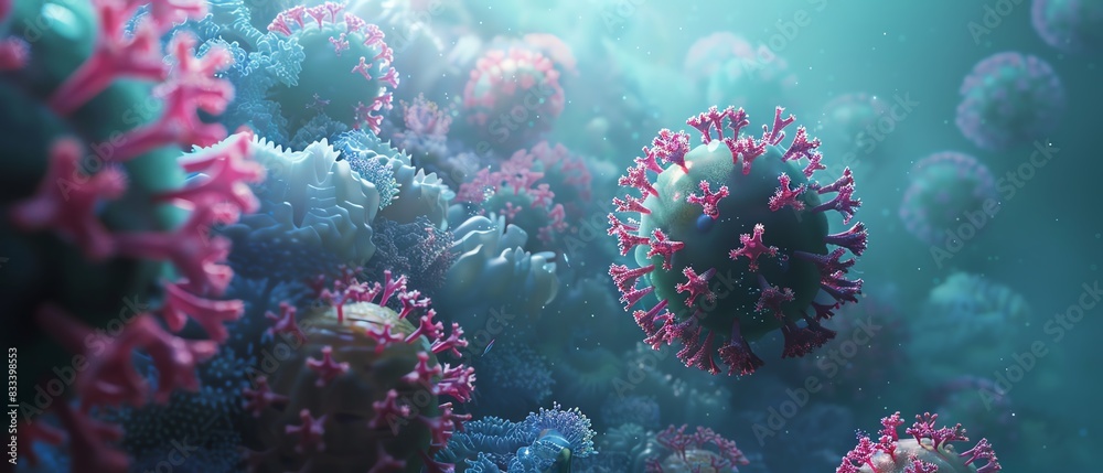 Obraz premium Close-up of colorful microscopic virus particles floating in blue fluid, illustrating virus biology and microbiology concepts.