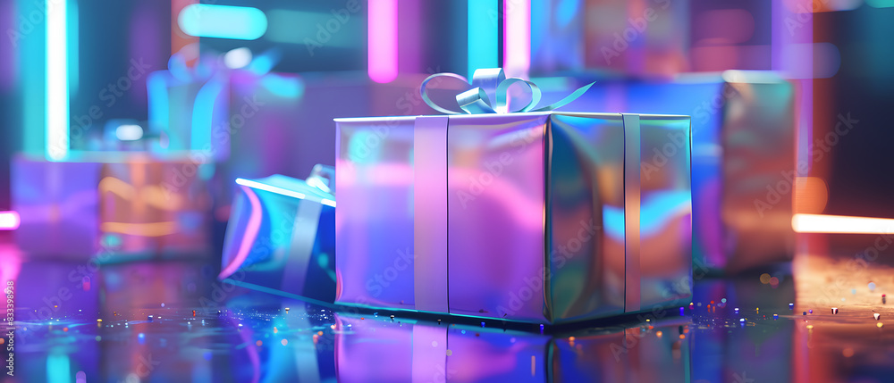 A silver gift box with a white ribbon sits in the center of a colorful light-drenched setting. A silver gift box with a white ribbon sits in the center of a colorful light-drenched setting.