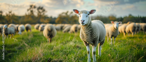 A single sheep stands out from the flock, its gaze meeting the camera lens amidst a verdant pasture bathed in golden sunlight.