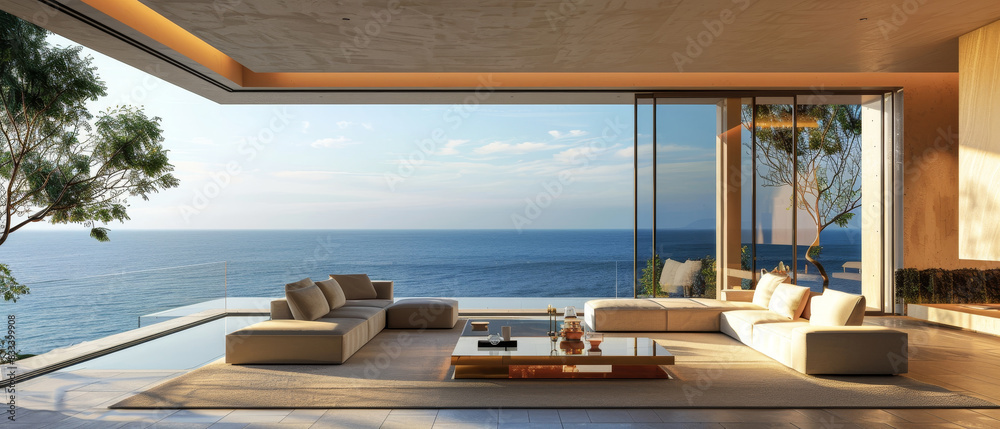 Fototapeta premium Modern luxury living room with minimalist decor and ocean view windows, featuring a sleek sofa