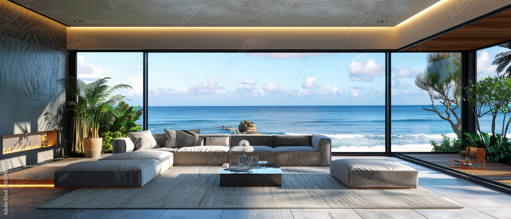 Fototapeta premium Modern beachfront living room with minimalist style, large glass windows showcasing ocean view, perfect for ad posters
