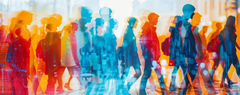 Abstract painting of a crowd walking through a city street. Abstract painting of a crowd walking through a city street.