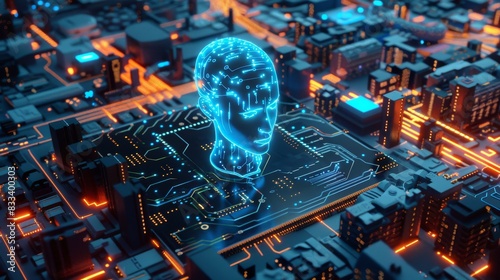 Futuristische Visualisierung eines großen Krankenhauskomplexes, der auf einem fiktiven Computerchip mit komplizierten Schaltkreisen steht. Sinnbild für die transformative Leistungserbringung von KI.