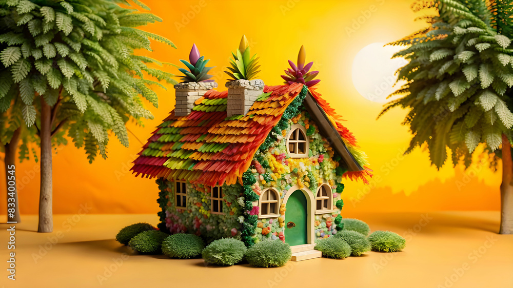 A detailed and whimsical illustration of a Dreamy house constructed entirely from soft, colorful feathers.
