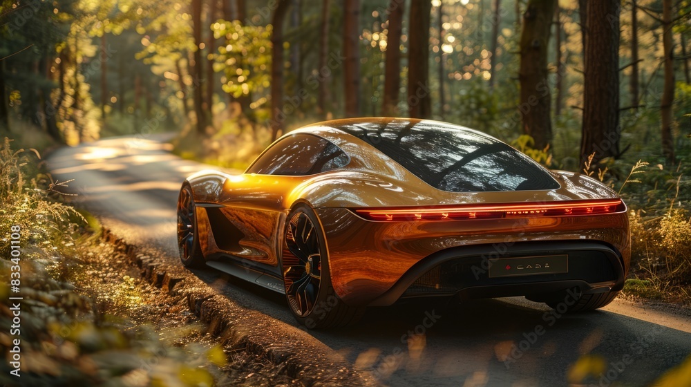 Fototapeta premium Eco-friendly car with solar panels symbolizing sustainable transportation. The vehicle is parked under the sunlight, harnessing renewable energy for zero-emission mobility.