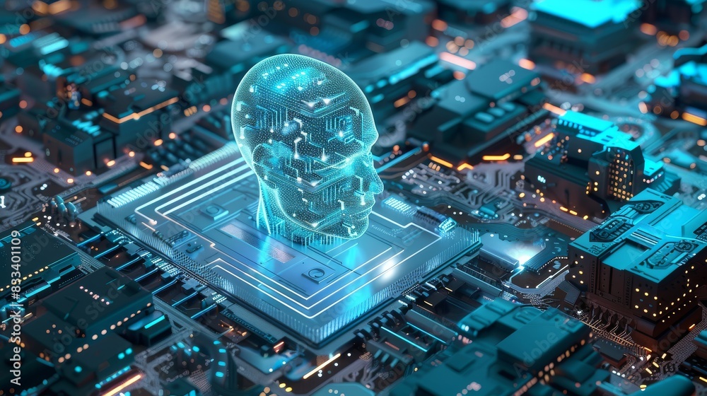 Futuristische Visualisierung eines großen Krankenhauskomplexes, der auf einem fiktiven Computerchip mit komplizierten Schaltkreisen steht. Sinnbild für die transformative Leistungserbringung von KI. Futuristische Visualisierung eines großen Krankenhauskomplexes, der auf einem fiktiven Computerchip mit komplizierten Schaltkreisen steht. Sinnbild für die transformative Leistungserbringung von KI.