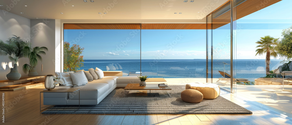 Elegant beachfront living room with minimalist interior, large windows, ocean view, 3D mockup for ads